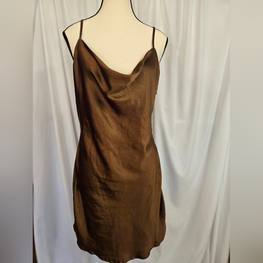 Nasty Gal Brown Cowl Neck Satin Holiday Slip Dress Suze 8